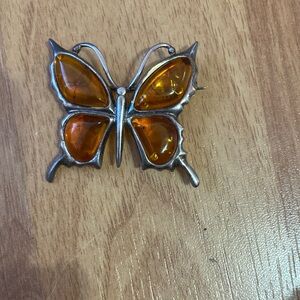 Amber Sterling Silver Butterfly Brooch
